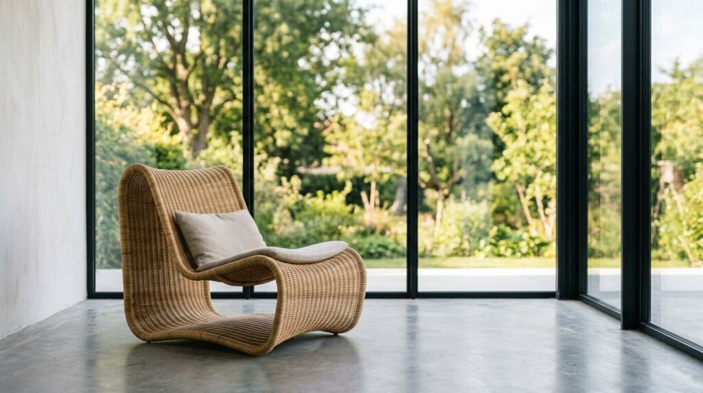 A designer S-curve rattan chair placed next to bright windows in a modern interior.