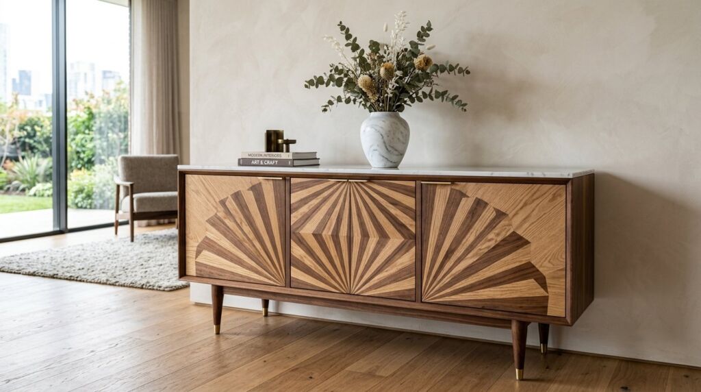 A decorative sideboard cabinet decorated with exquisite fan marquetry holding a classic vase.