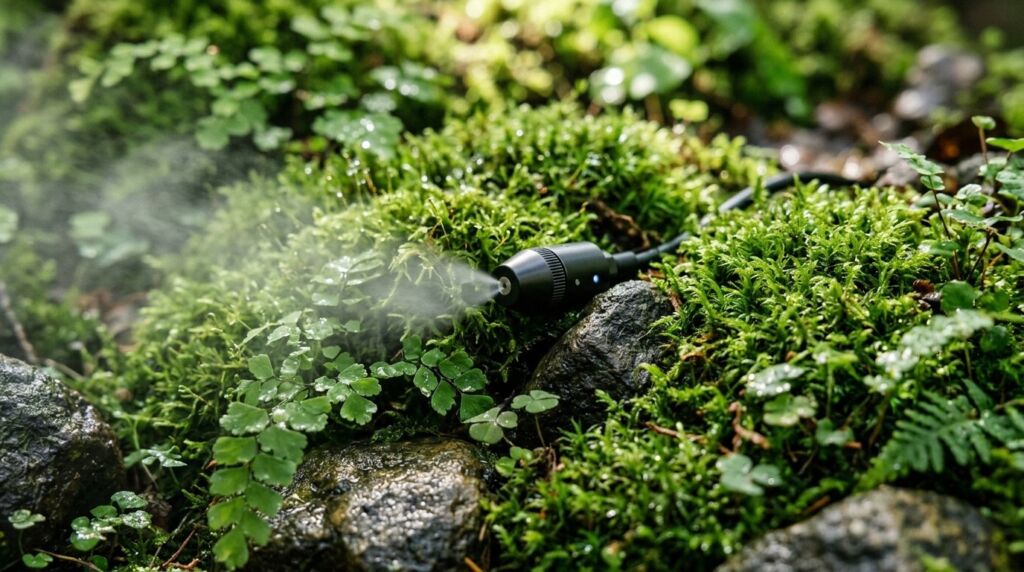 Close up view of a sleek industrial misting nozzle designed for precision cooling and humidification.