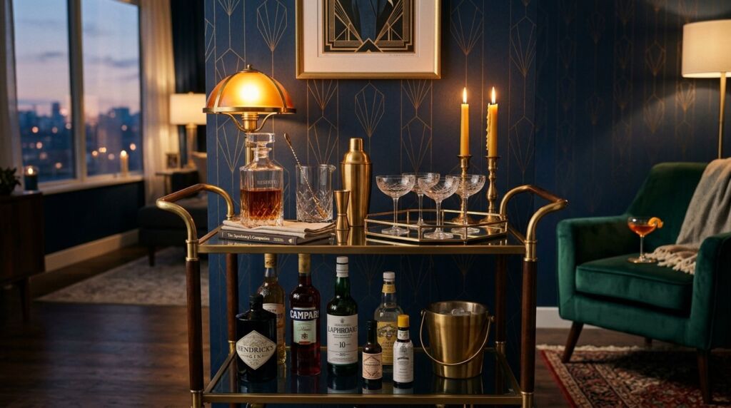 A sophisticated bar cart styled for a speakeasy atmosphere during the golden hour dusk.