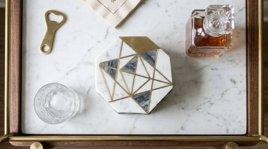 A set of stylish coasters stacked neatly on a sleek home bar cart.
