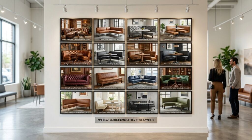 Close up of high quality leather banquette furniture in a contemporary interior design setting.