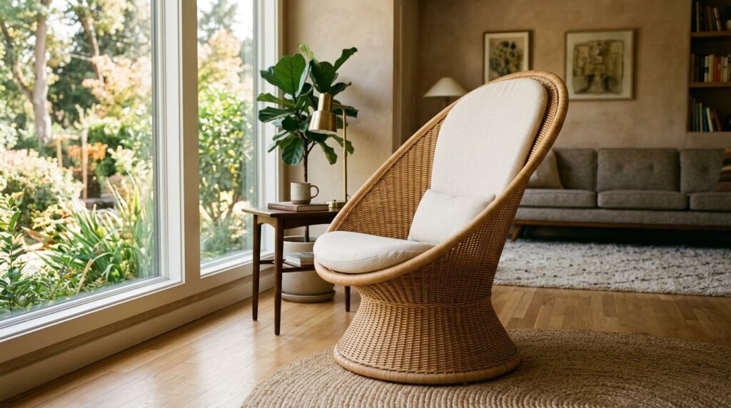 A modern tapered cone-shaped rattan lounge chair with a unique woven design.