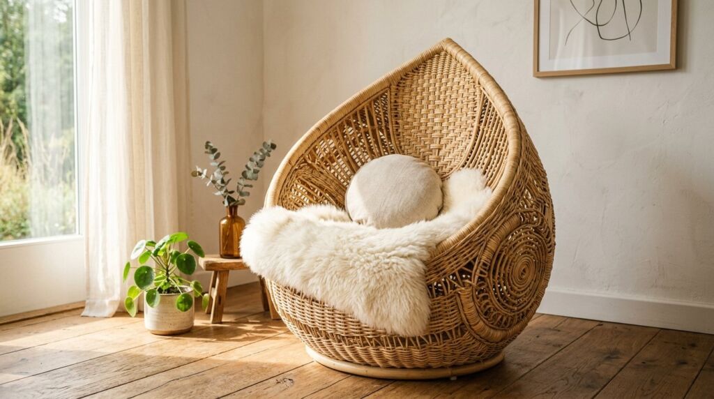 Stylish teardrop rattan accent chair with natural woven texture.