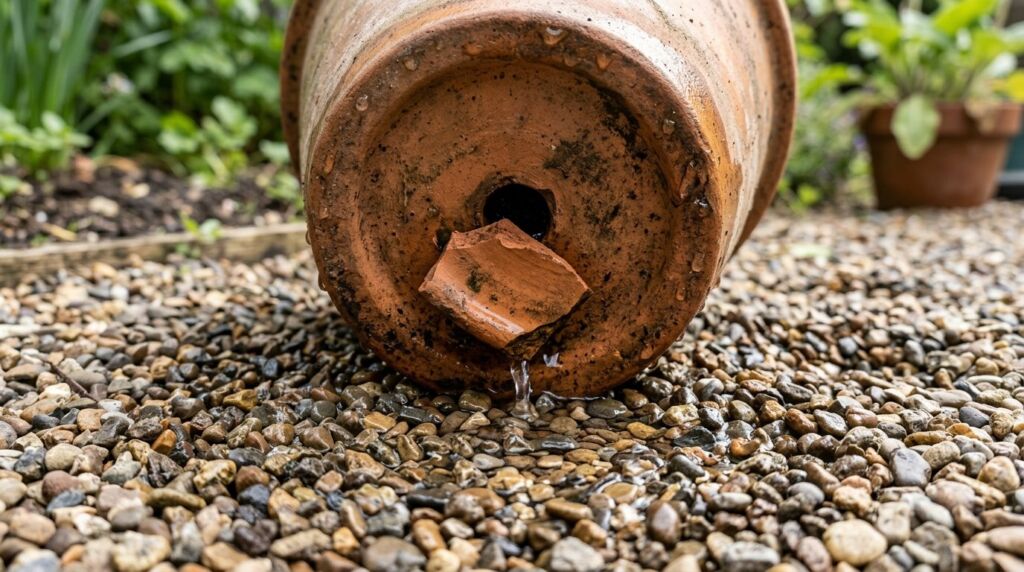 A close-up shot of the central drainage hole in a standard terra cotta planter.