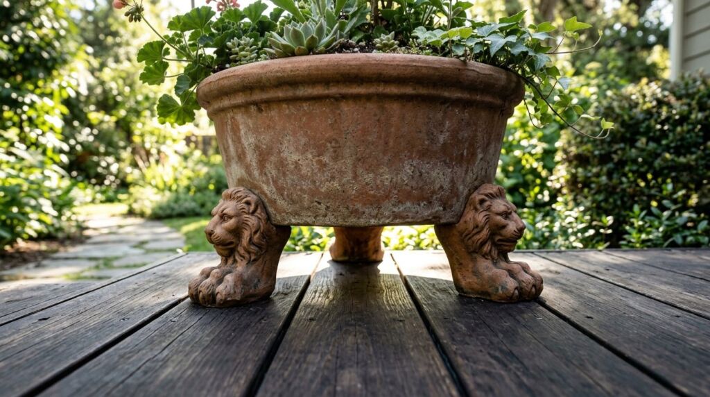 A rustic terra cotta planter featuring small decorative feet on a wooden surface.