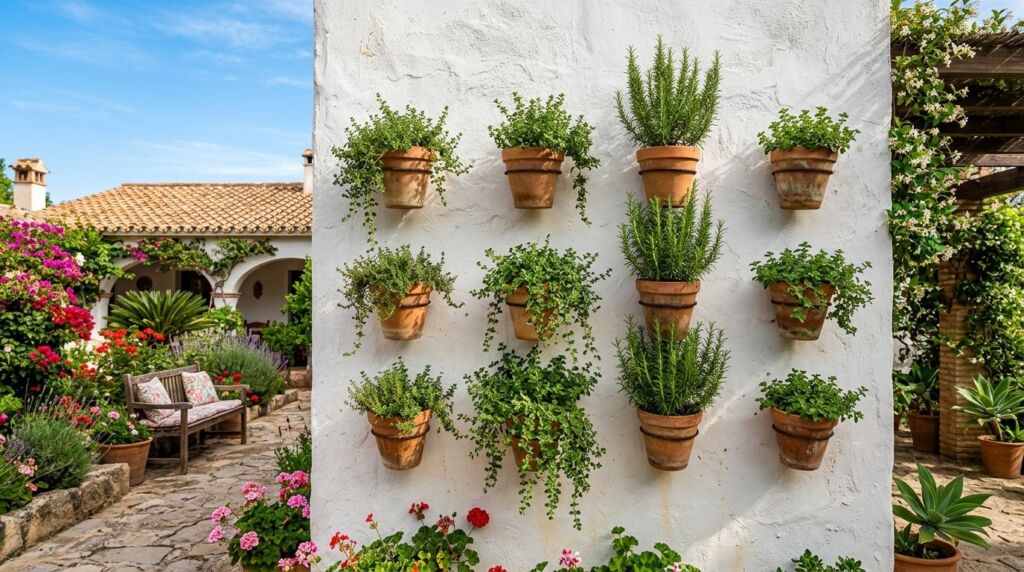 Traditional terra cotta pots suspended on a minimalist metal grid wall.