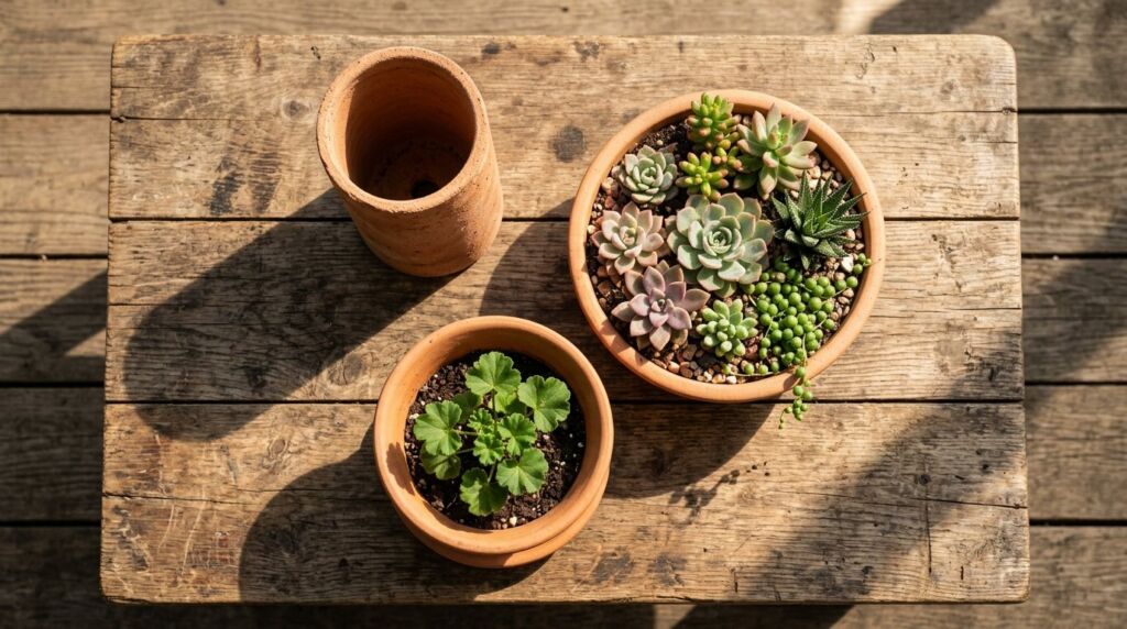 A collection of earthy terra cotta pots of various sizes sitting on a rustic wooden table.