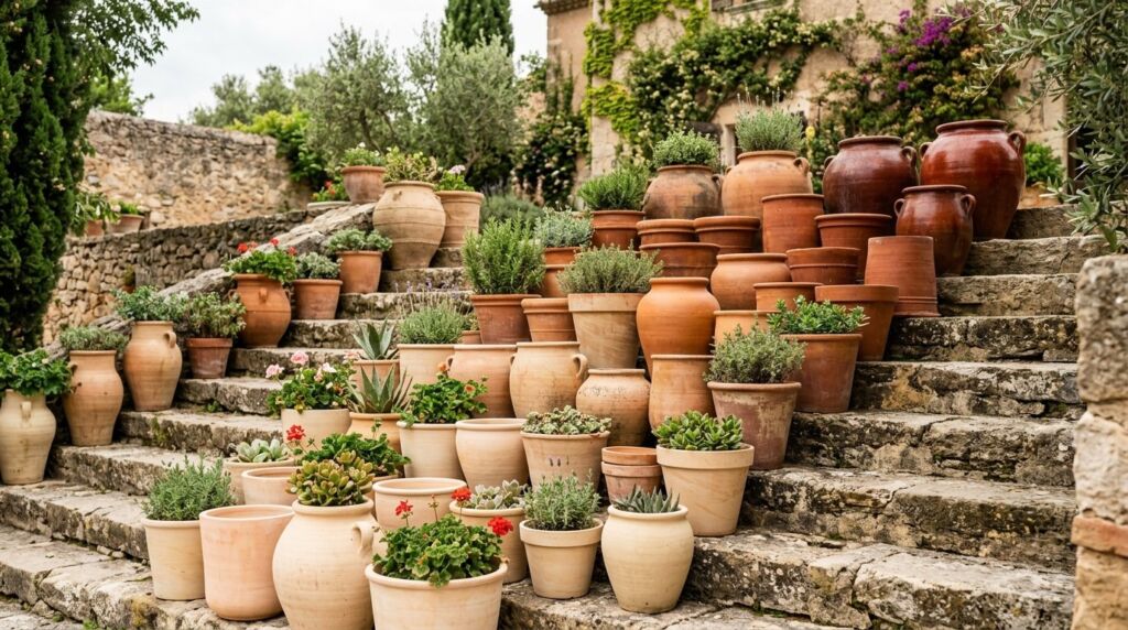 Several weathered terracotta garden pots sitting on a textured flagstone terrace.