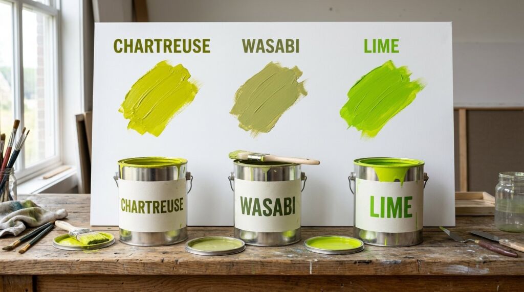 Close up view of three metal paint cans with bright paint colors arranged on a clean wooden table.