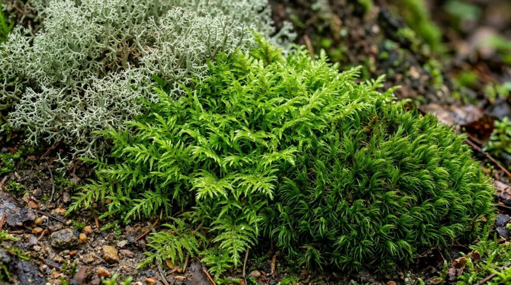 Close-up of three different types of green moss growing together on a damp forest floor.