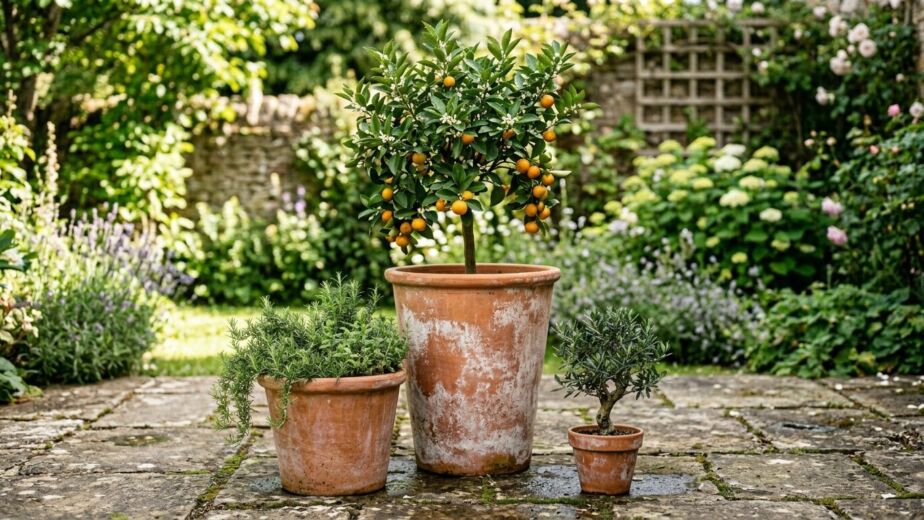 Three different sized terracotta clay pots sitting on a stone patio outdoors.