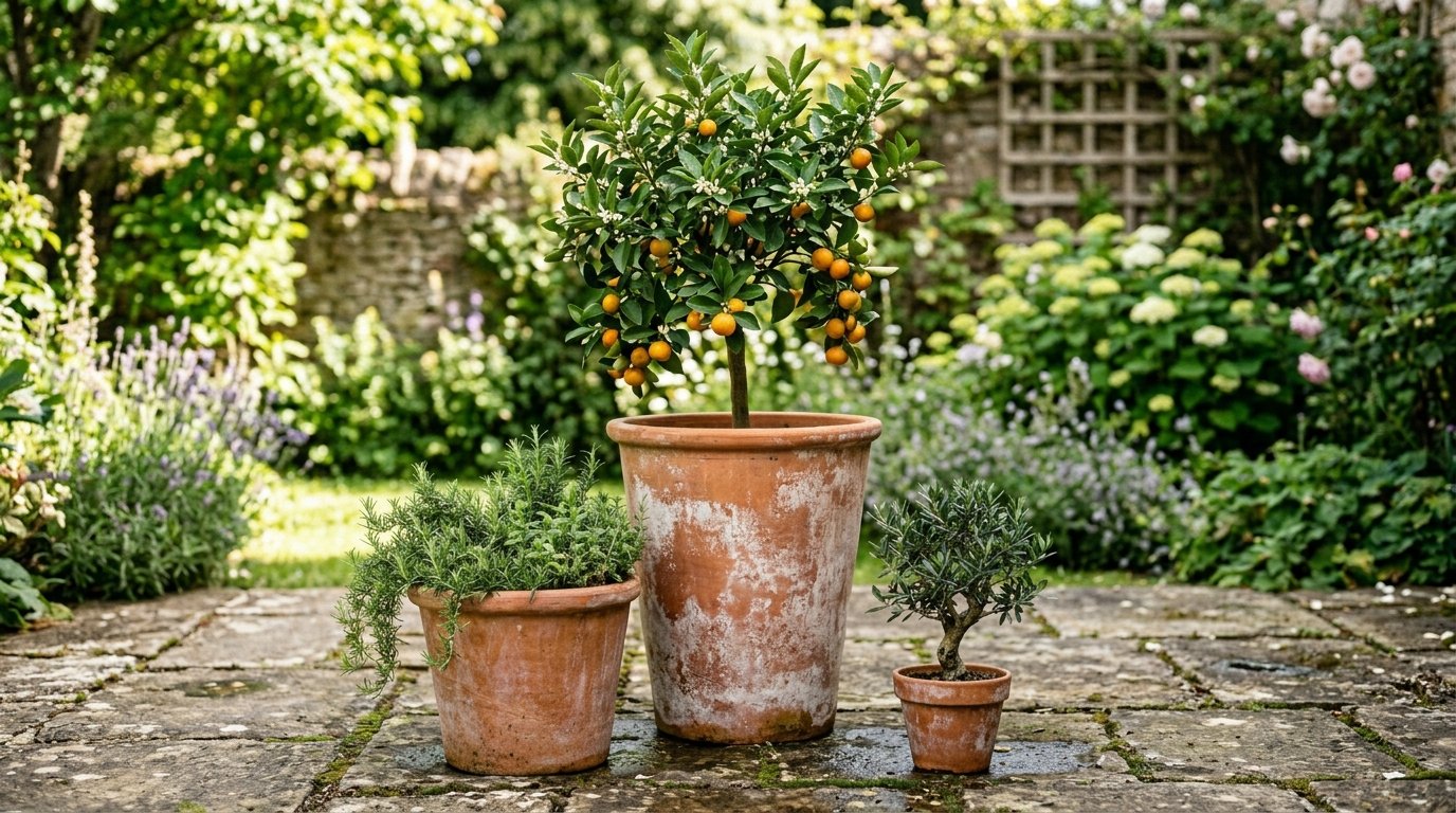Three different sized terracotta clay pots sitting on a stone patio outdoors.