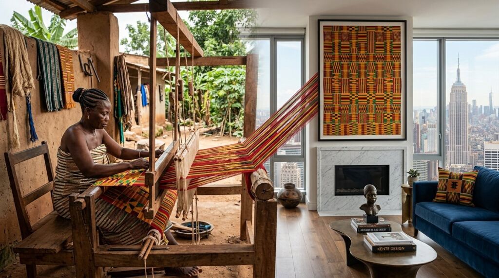 A handcrafted African weaving loom displayed as art in a modern apartment interior.