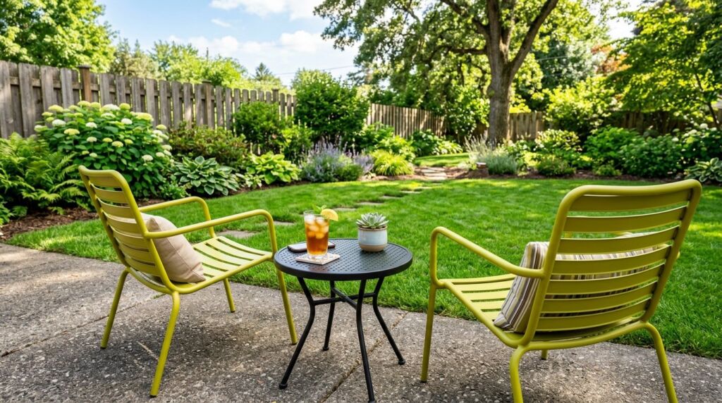 A pair of empty chairs placed on a terrace under soft night lighting.
