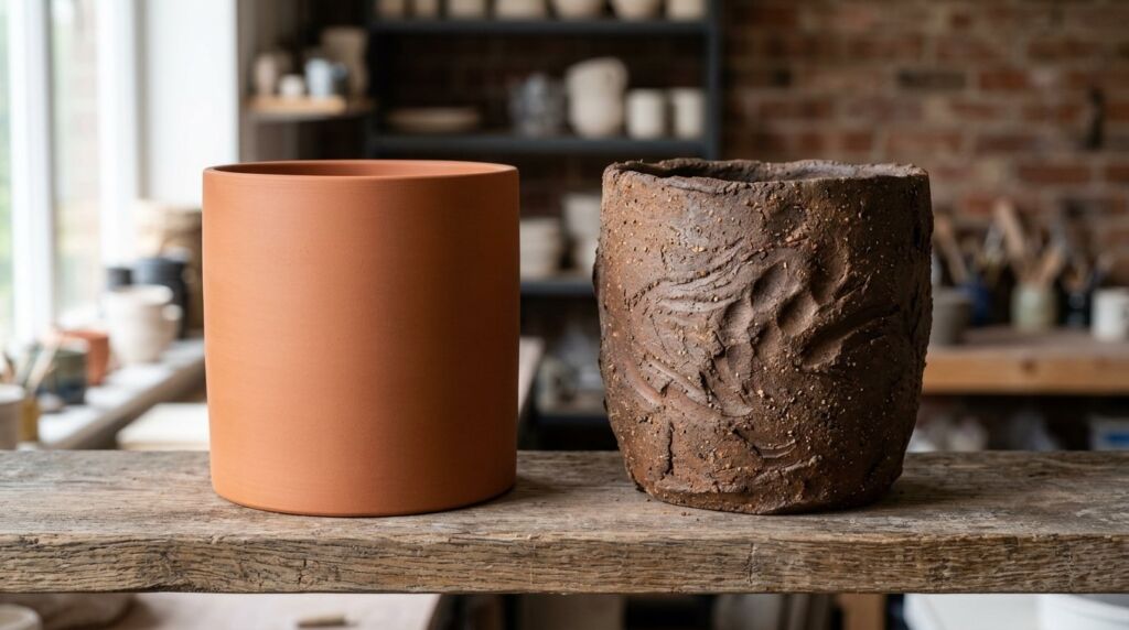 Two handcrafted clay pots showing distinct textural contrasts in a soft light setting.