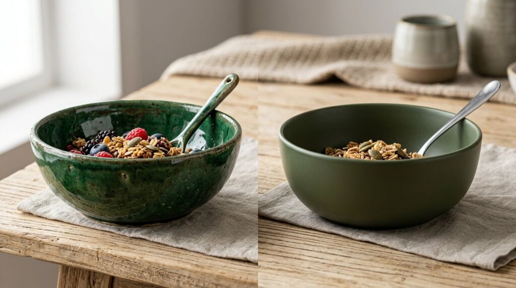 A set of two minimalist green ceramic vases displayed on a clean surface.