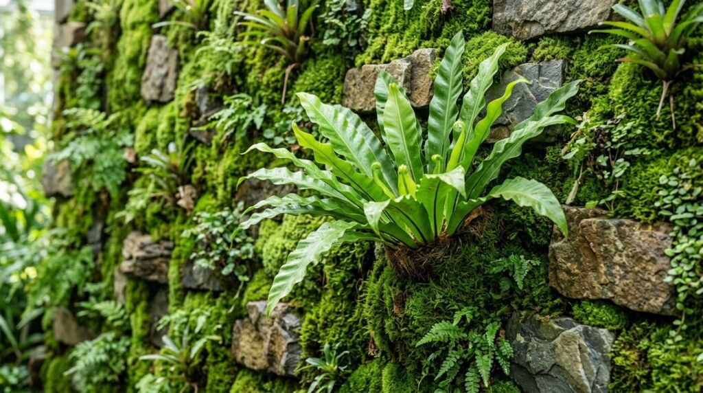 A close-up shot of the vibrant, rippled green leaves of a healthy Bird Nest Fern plant in a natural setting.