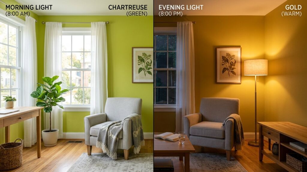 Close up view of bright chartreuse painted room walls with smooth texture and soft natural lighting.