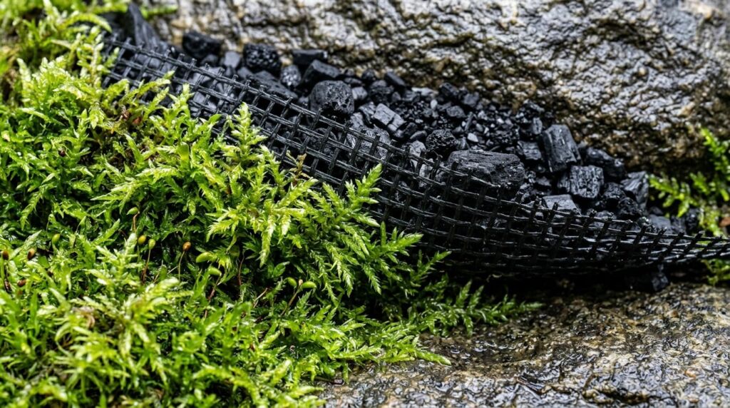 Close-up of lush green moss growing on a textured grey stone surface in nature.