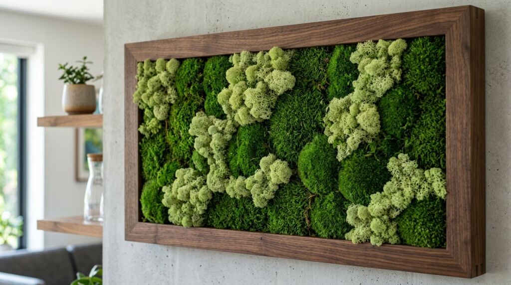 Close up view of a lush green preserved moss wall used as an interior wall decoration.