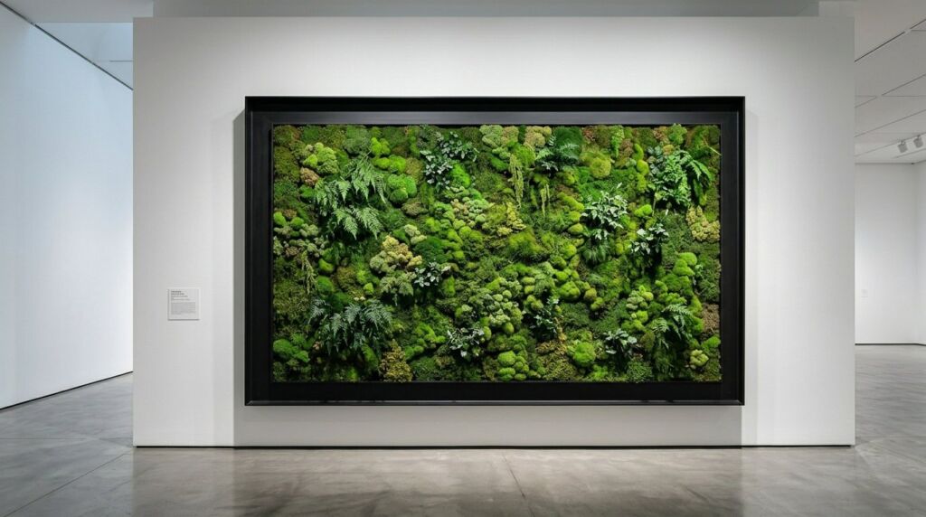 A lush, vibrant indoor vertical wall covered in various textures of preserved natural moss.