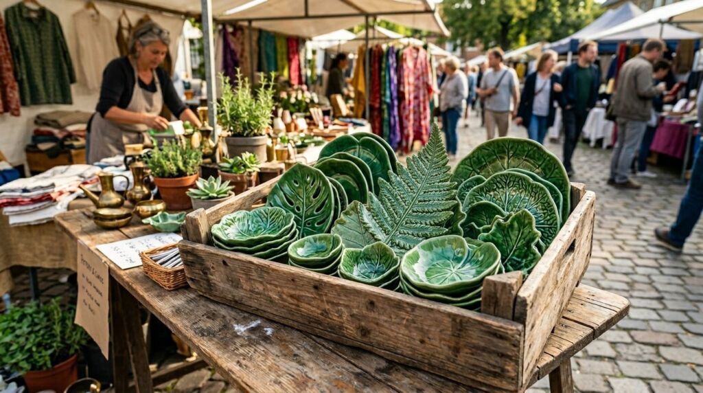 A colorful flea market stall filled with vintage goods and unique antiques.