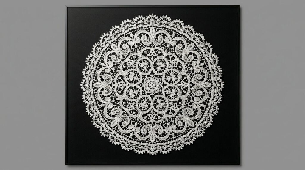 Close up view of an intricate vintage white antique lace doily on a textured wooden background.