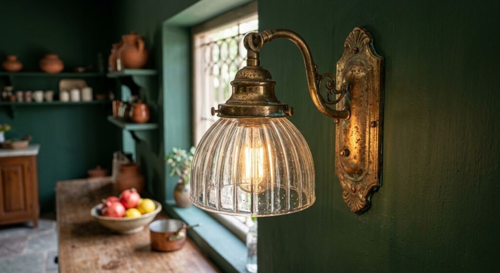 A vintage brass wall sconce with a ribbed glass shade mounted on a green kitchen wall.
