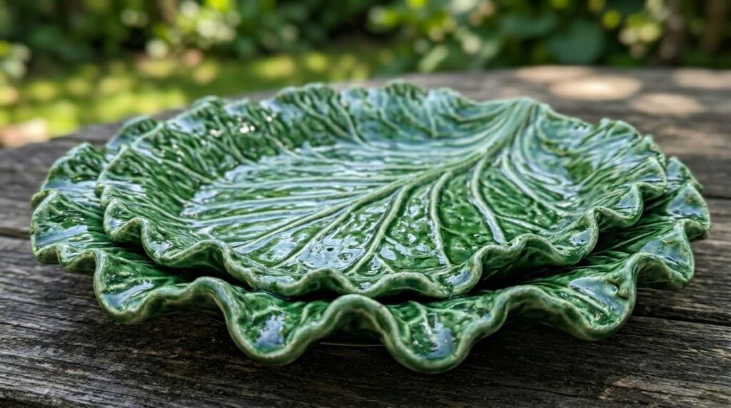 Close-up of a detailed, vibrant green ceramic cabbage sculpture used for home decor.