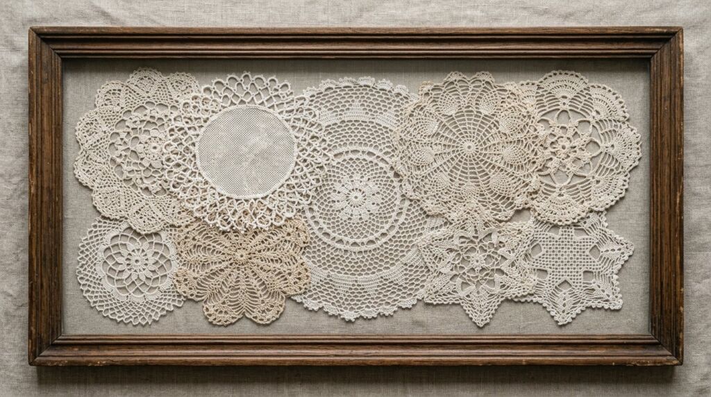 Intricate white vintage lace doilies arranged in an overlapping pattern on a textured wooden surface.
