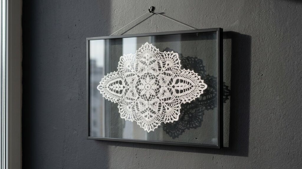 A delicate white vintage lace doily resting on a wooden surface.
