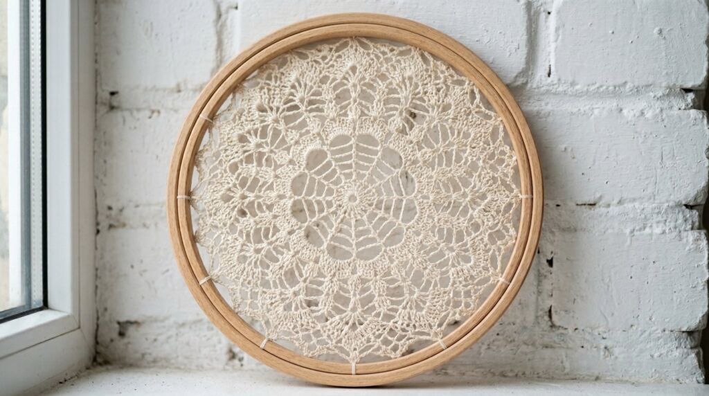 Intricate handmade vintage lace doily resting on a textured wooden table surface.