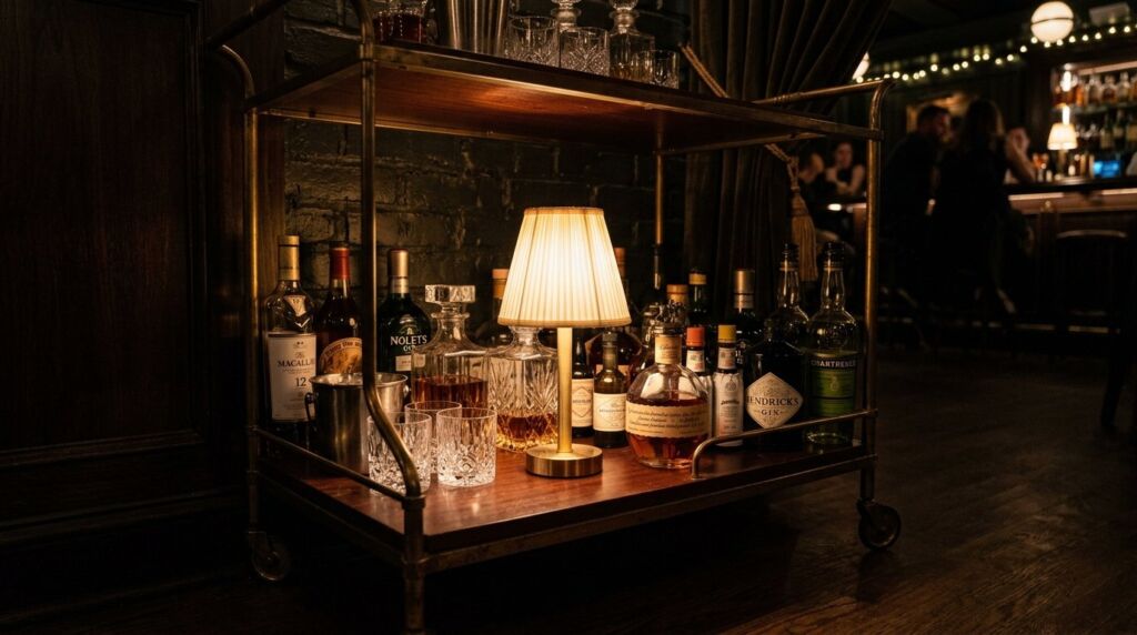 A close up of a warm glowing cordless pleated lamp on a wooden surface in a cozy room.