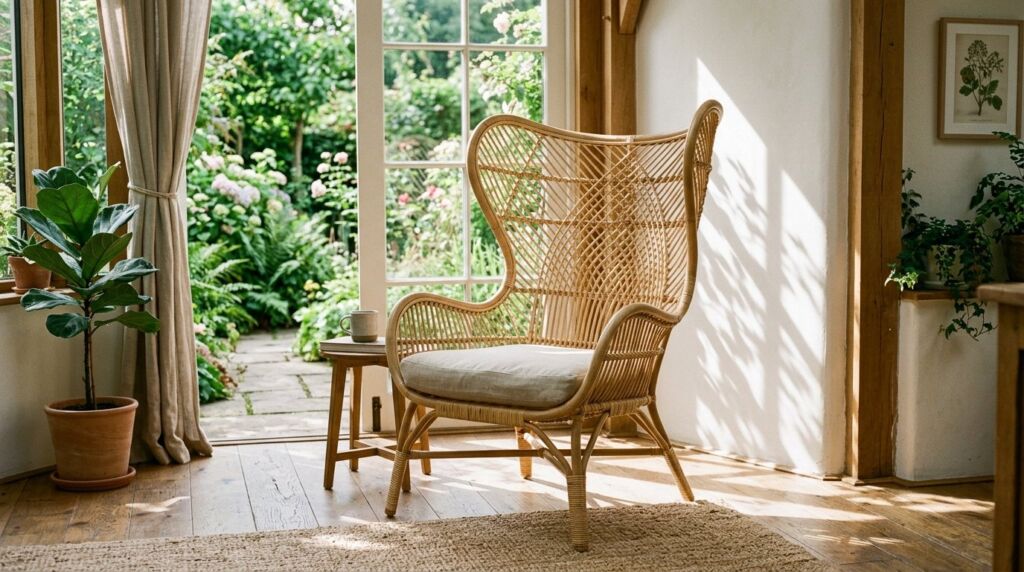 A stylish wingback chair handcrafted from woven natural rattan fibers.