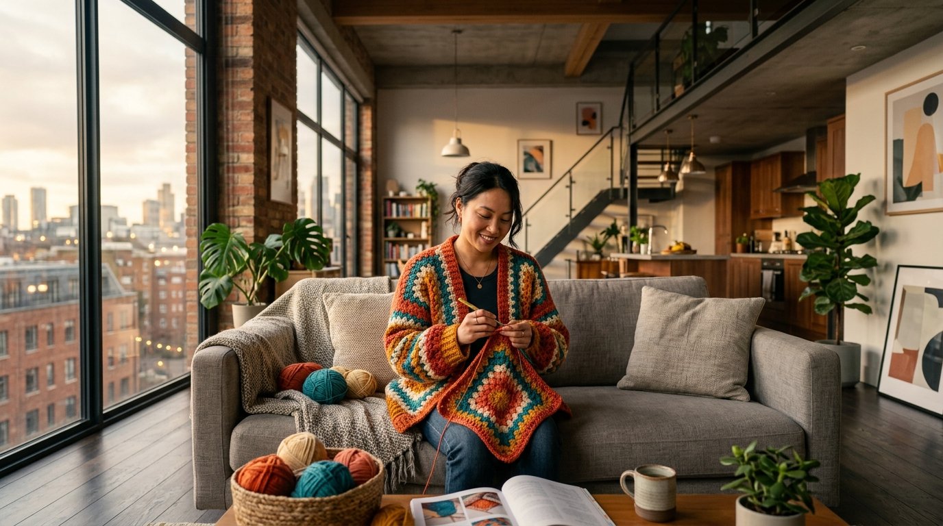 Close-up of a woman hands skillfully crocheting a handmade craft project with soft yarn.