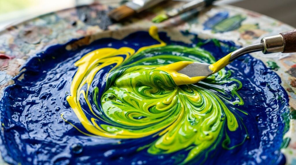 Close-up of bright yellow paint being mixed into a deep blue base.