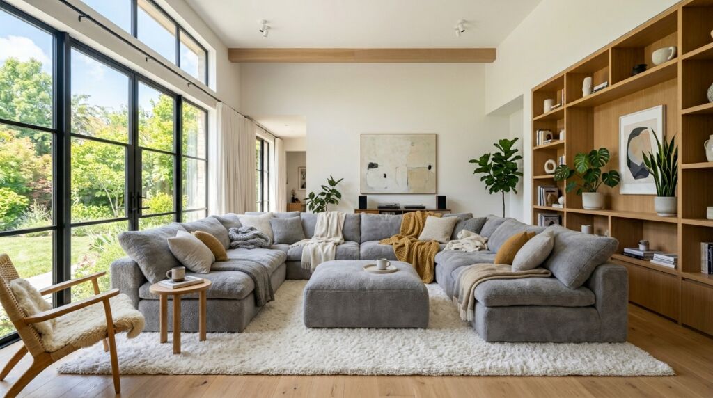 Large grey u-shaped couch and ottoman placed on a white rug in a room with floor-to-ceiling windows and wood shelving.