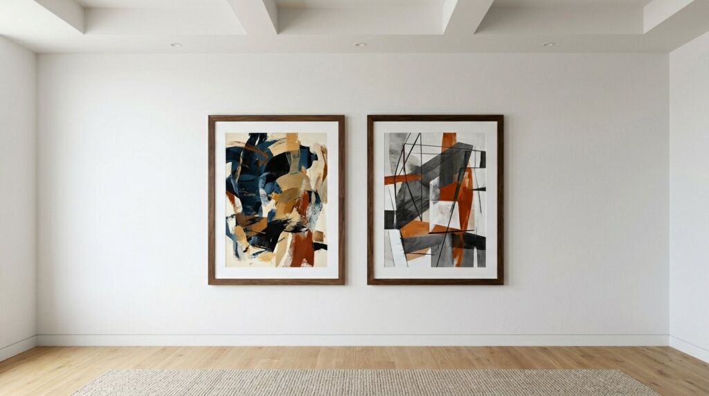 Two colorful abstract art prints hanging symmetrically on a living room gallery wall.