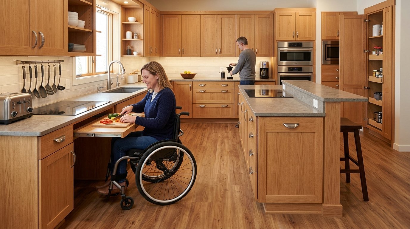 A woman in a wheelchair uses a pull-out cutting board in an accessible oak kitchen while a man makes coffee.