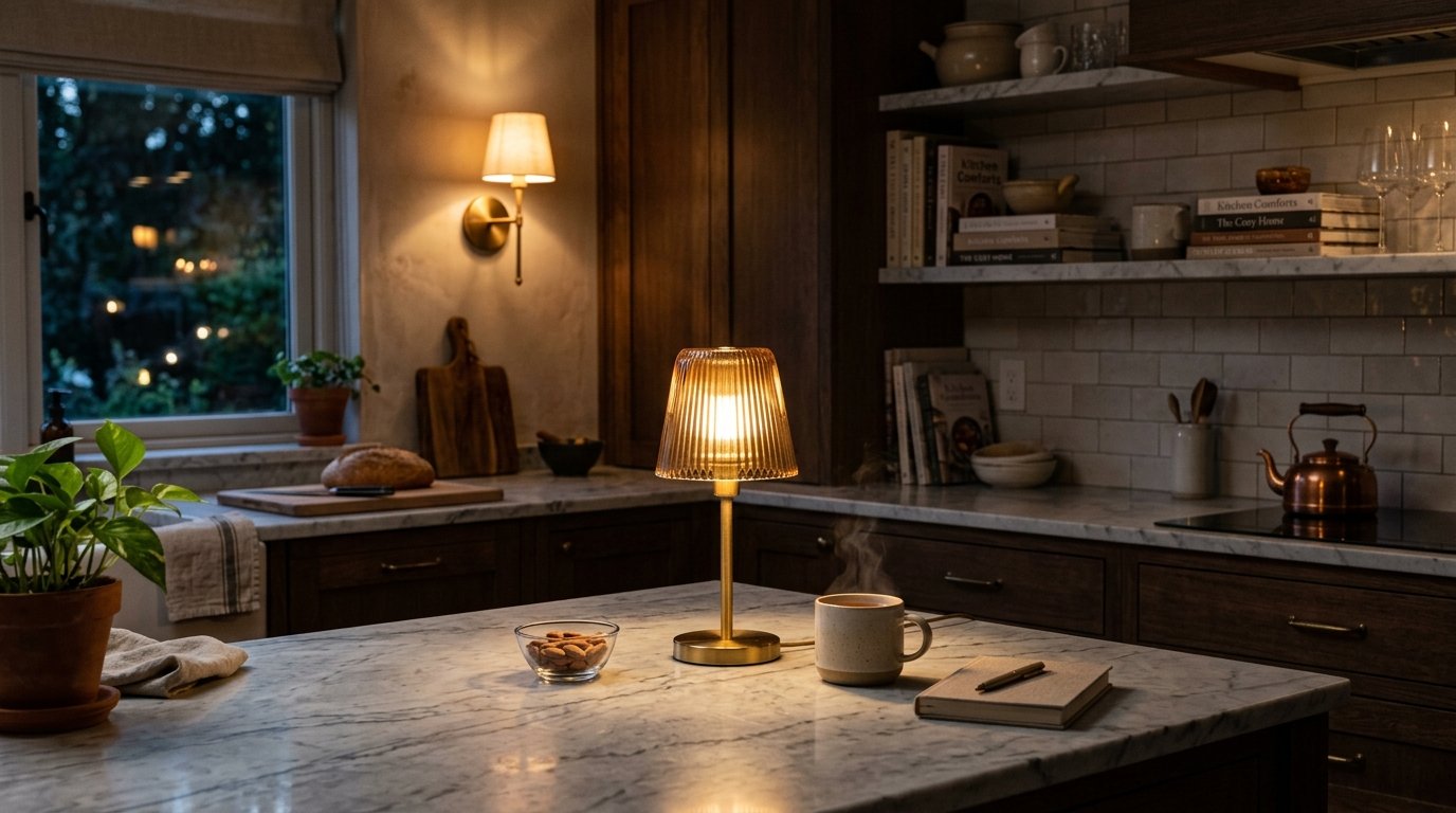 A warm, amber-colored ribbed glass lamp sits on a marble kitchen island next to a steaming mug and a notebook.
