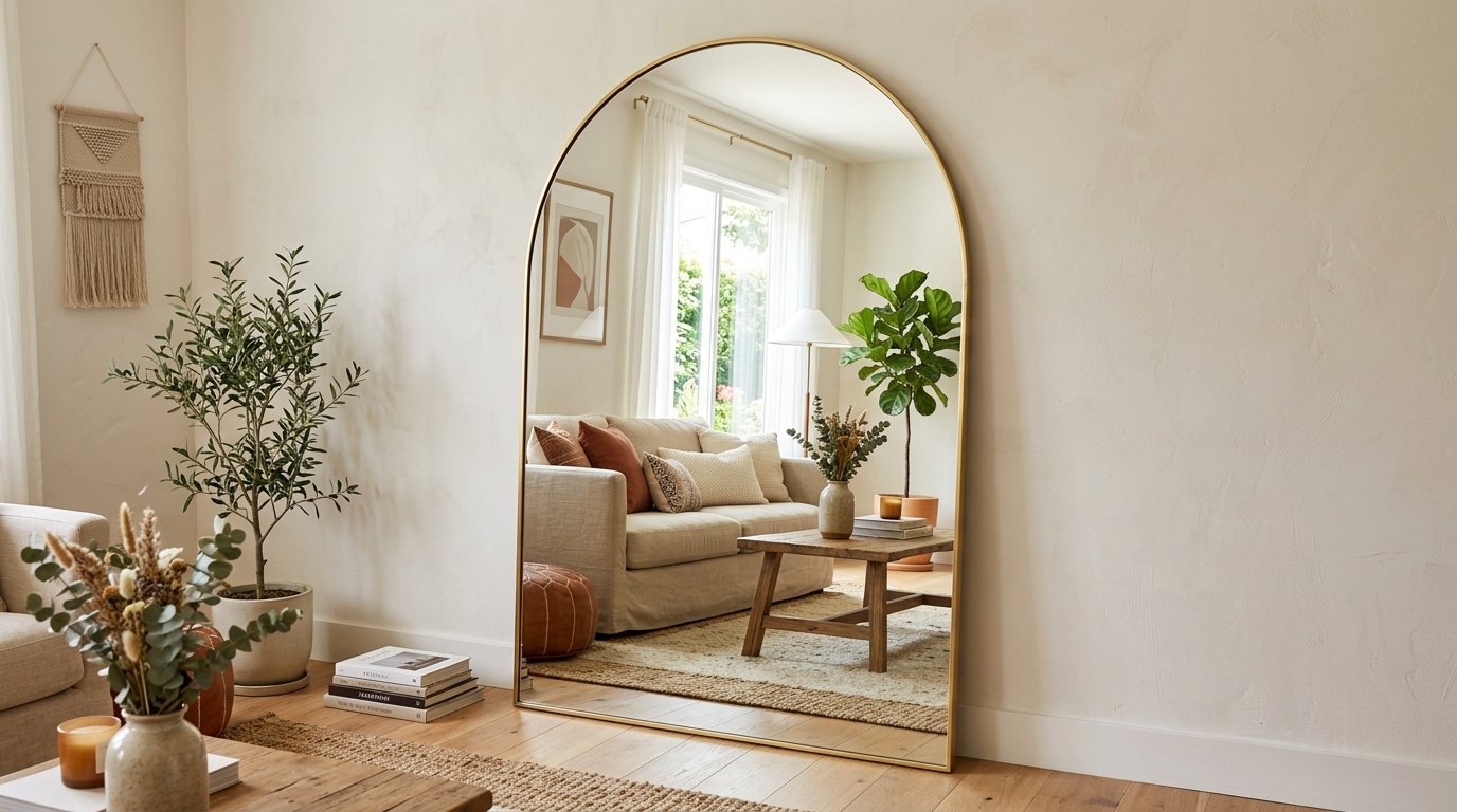 An elegant gold-framed arched mirror reflects a cozy living room with a beige sofa and wooden coffee table.