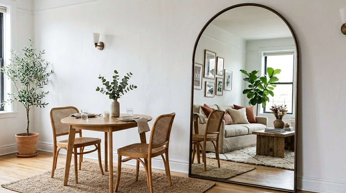 An oversized arched floor mirror with a bronze frame leans against a white wall next to a dining set.