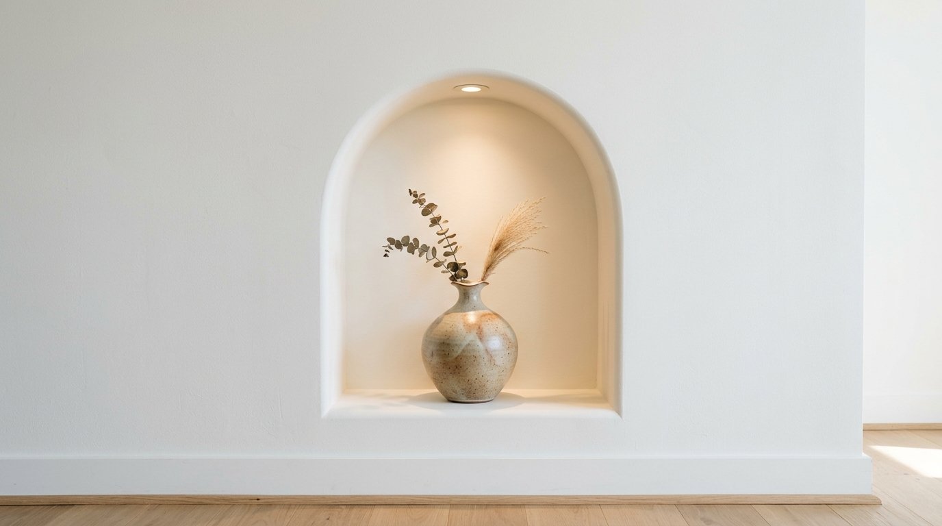 Small speckled clay vase with dried eucalyptus and pampas grass sitting inside a recessed circular wall nook.