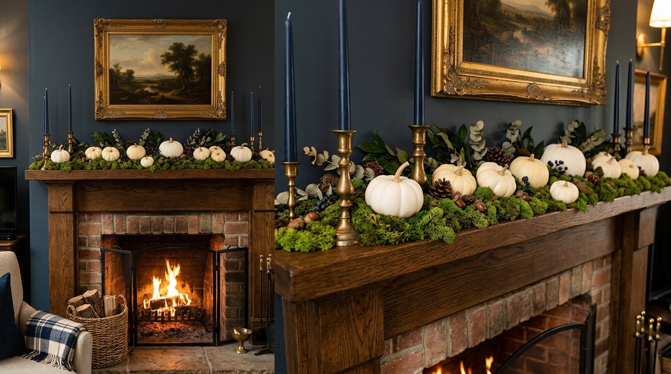 A rustic wood mantel featuring moss, white gourds, and tall navy candles above a glowing fireplace.