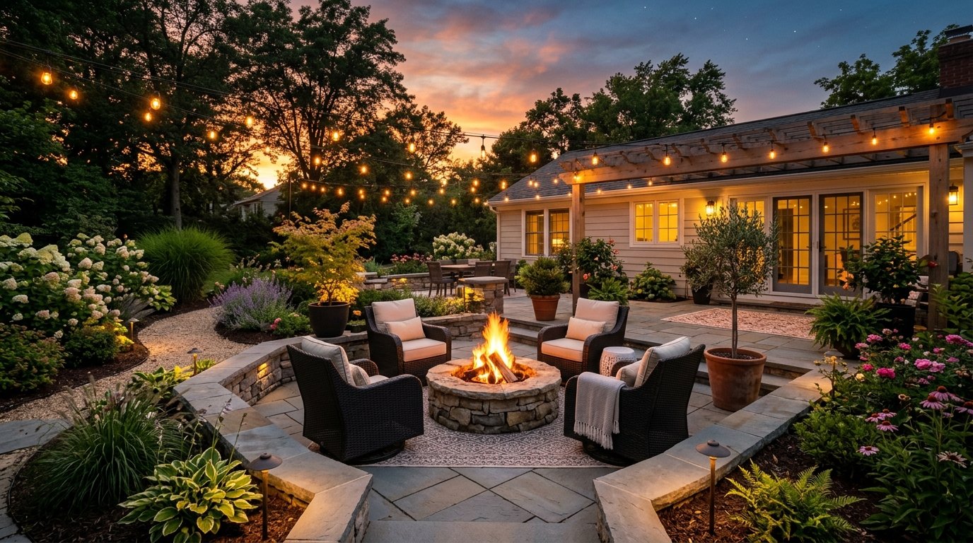 Four wicker chairs surround a glowing stone fire pit on a lush backyard patio illuminated by string lights.