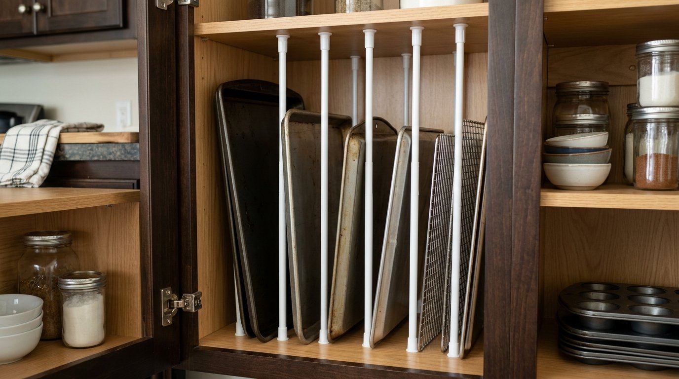 Several baking sheets and a wire rack held upright in a wooden cabinet by white tension rods.