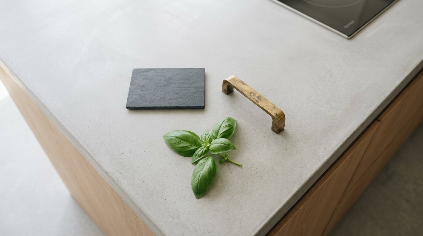 A sprig of green basil, a dark slate coaster, and a rustic brass drawer pull sitting on a gray concrete kitchen island.