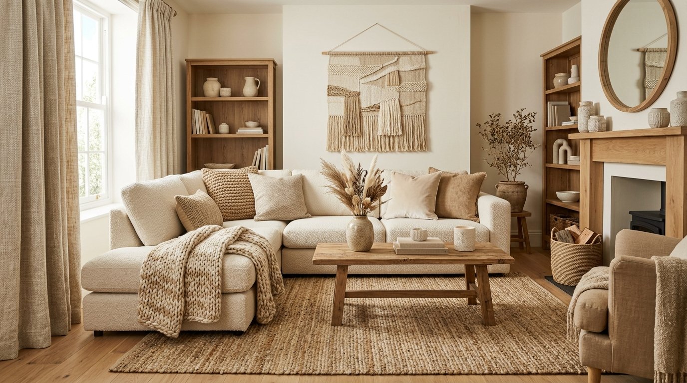 A beige fabric sectional sofa, jute rug, and wooden coffee table in a sunlit room with textured wall art.