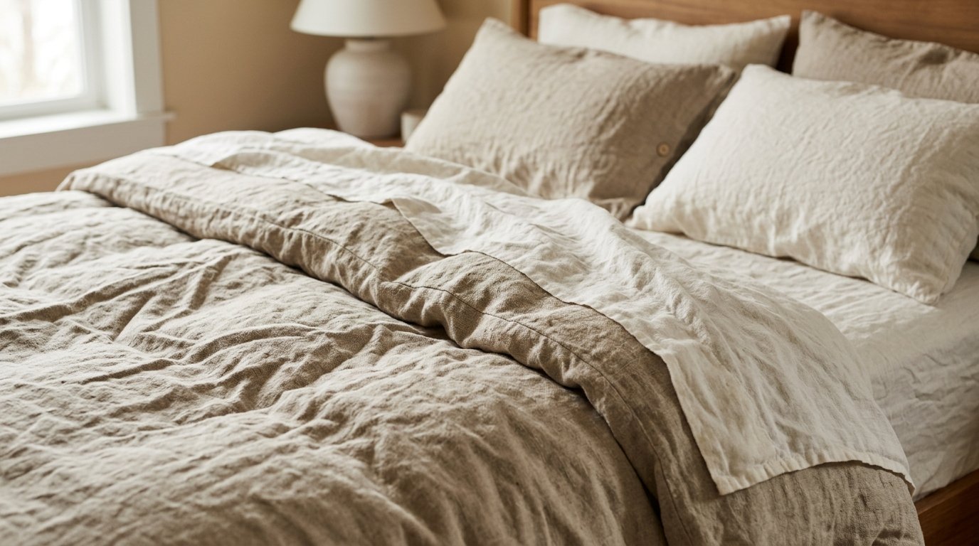 Close up of a bed made with natural, wrinkled beige linen bedding in a sunlit bedroom.